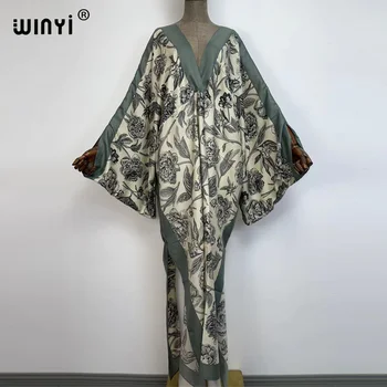 WINYI 2021, Вечернее Длинное платье в стиле Ретро с цветочным принтом, Женское Элегантное Сексуальное платье с глубоким V-образным вырезом и длинным рукавом, Женские Модные Пляжные платья