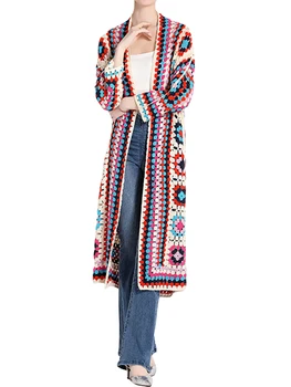Женский вязаный крючком свитер с цветочным рисунком в стиле Бохо, Бабушкин квадратный кардиган - Винтажный трикотаж с длинным рукавом и открытой передней частью с длинным кардиганом