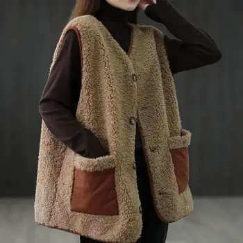 Женский жилет, кардиган без рукавов, Винтажная осенне-зимняя куртка, Корейская мода, теплые пальто из искусственной овечьей шерсти с меховой подкладкой, топы большого размера