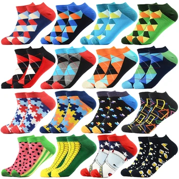 Забавные мужские носки Новейшая летняя новинка в стиле Харадзюку с короткими лодочками, Деловые женские носки с геометрической решеткой, разноцветные хлопковые носки до щиколотки
