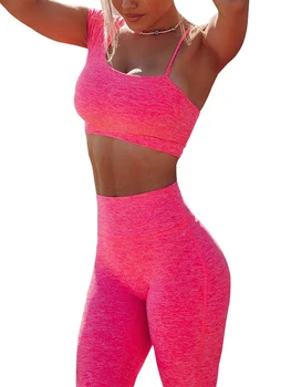 Йога костюмы для женщин 2 шт. бесшовные сплошной цвет высокая талия тренировки леггинсы с асимметричным бюстгальтер топы тренажерный набора