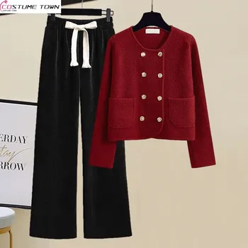 Осенне-зимний Женский комплект 2023, Новый Корейский Модный Вязаный свитер с высокой талией, широкие брюки, Комплект из двух предметов