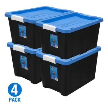 Пластиковый Контейнер для хранения HART объемом 12 галлонов с защелкой, черный с синей крышкой, набор из 4 штук